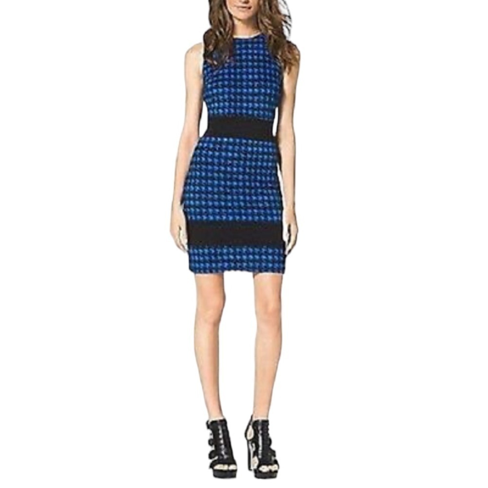 MICHAEL Kors Amalfi Blue & Black Houndstooth Print Sleeveless Sheath Dress 16